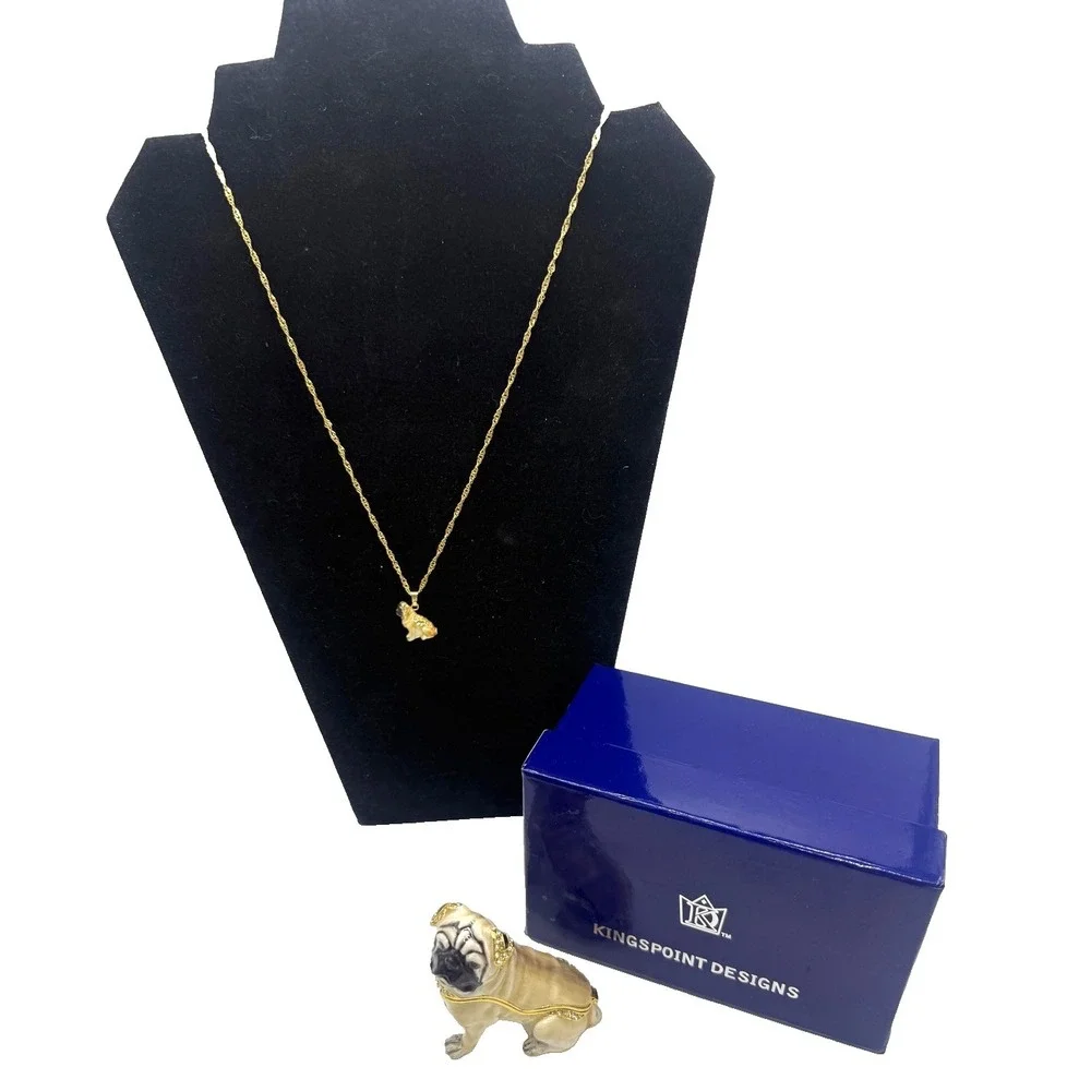Kingspoint Designs Pug Trinket Box Necklace Rhinestone Pewter Dog Gift Set Boxed